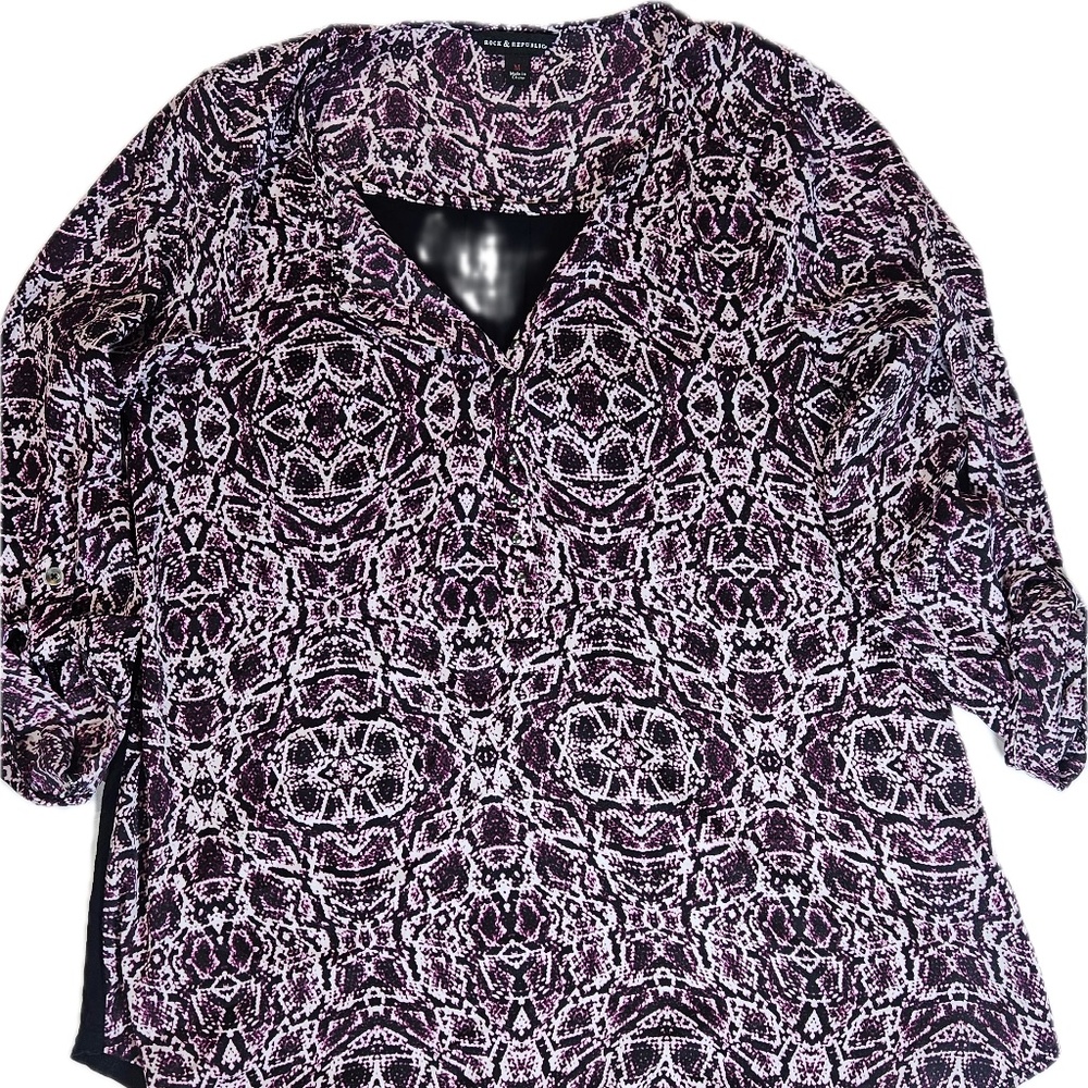Rock & Republic Shirt Womens Medium Purple Black Mixed Media V Neck 3/4 Sleeve - Picture 1 of 6